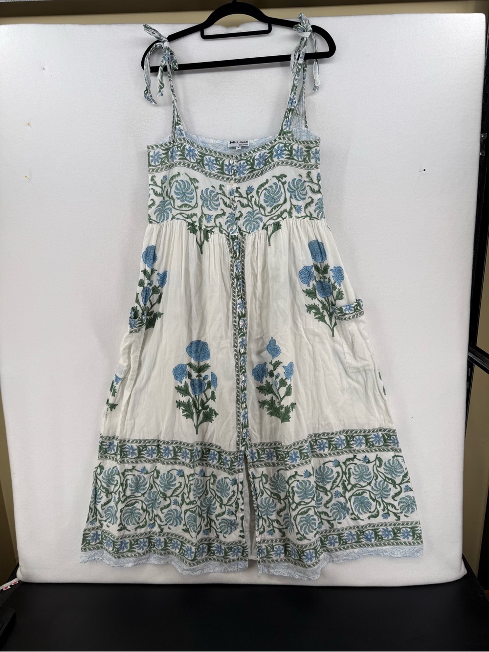 Juliet Dunn Cream Boho Dress with Blue & Green Floral Embroidery